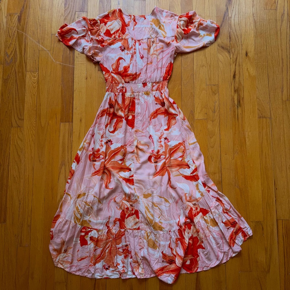 Abel the Label Pink Orange Floral High Low Maxi Dress Smocked Waist M Beach Boho - Picture 2 of 12